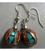 Coral and Turquoise Pendant Tibetan Ear Ring  